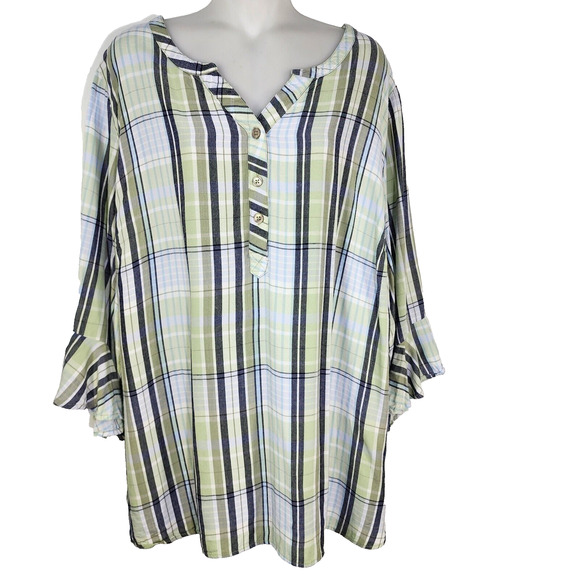 Catherine's Tunic Top Sz 2X Striped Plaid Green Ruffle 3/4 Sleeve Popover Rayon - Picture 1 of 9
